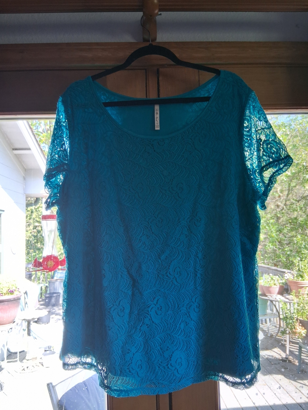 La Vie En Rose Teal Lace Scoop Neck Short Sleeve Blouse